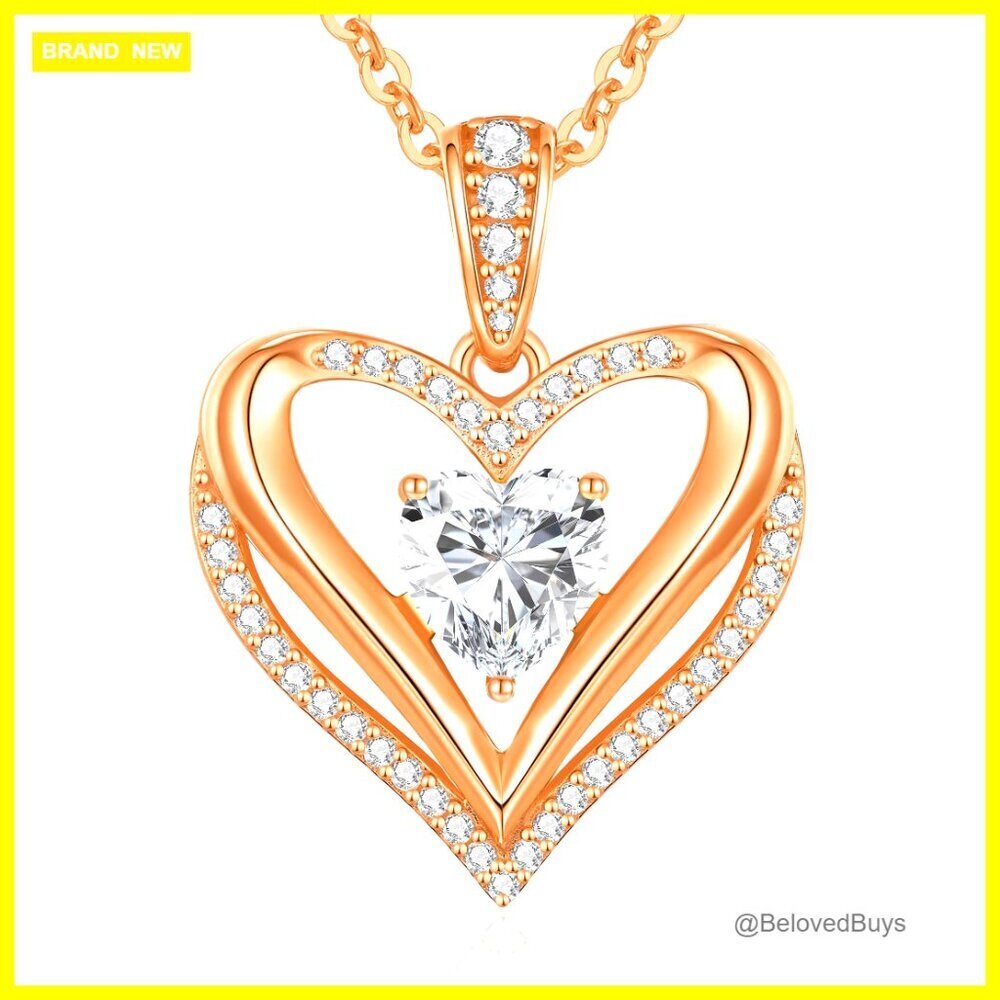Moissanite Heart Pendant Necklace, 925 Sterling Silver 18K Gold Plated